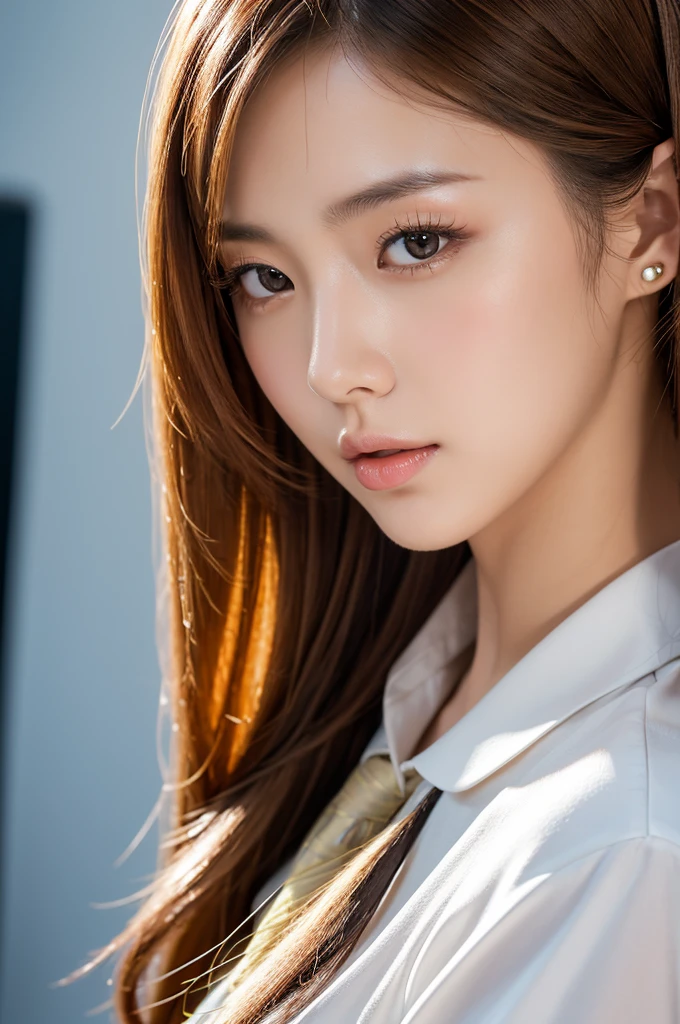 Beautiful Woman, Detailed Facial Features, Perfect Body Shape, Elegant Japanese Goddess, Gorgeous Chinese Model, Realistic and Lively, Piercing, Fashionable and Youthful, Solo Portrait, Close-Up Shooting, Brown Hair, Top Quality, 4k, 8k, High Definition, Masterpiece, Super Detail, In Color Vivid Close-Up Portraits, Studio Lighting, Physically Based Rendering, Sharp Focus, Professional Photographer, Blonde Hair, Uniforms, Suits