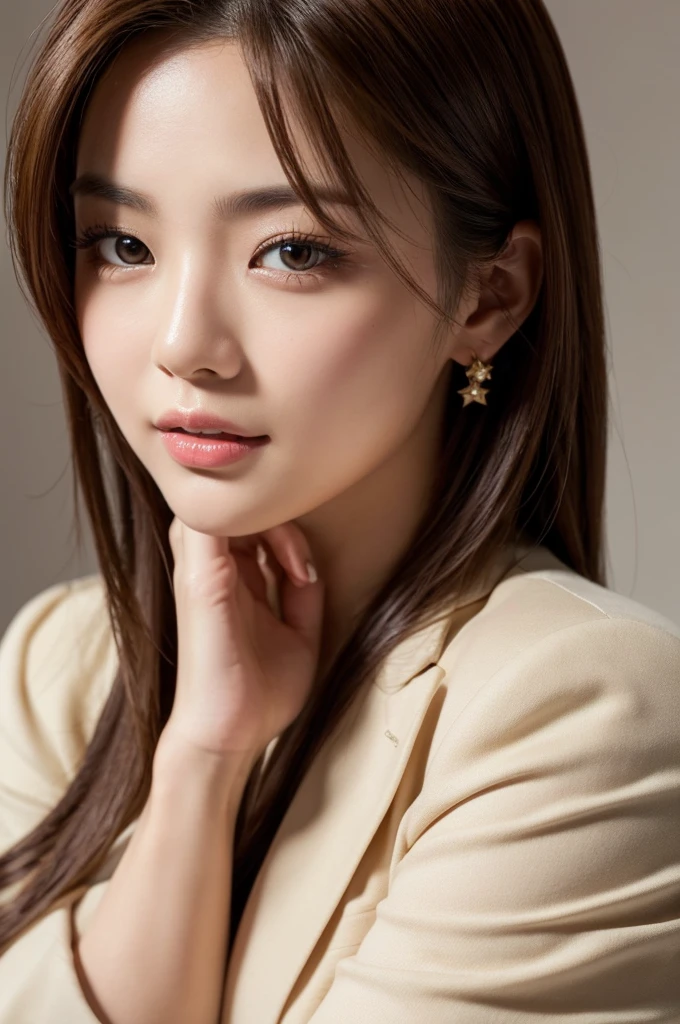 Beautiful Woman, Detailed Facial Features, Perfect Body Shape, Elegant Japanese Goddess, Gorgeous Chinese Model, Realistic and Lively, Piercing, Fashionable and Youthful, Solo Portrait, Close-Up Shooting, Brown Hair, Top Quality, 4k, 8k, High Definition, Masterpiece, Super Detail, In Color Vivid Close-Up Portraits, Studio Lighting, Physically Based Rendering, Sharp Focus, Professional Photographer, Blonde Hair, Uniforms, Suits