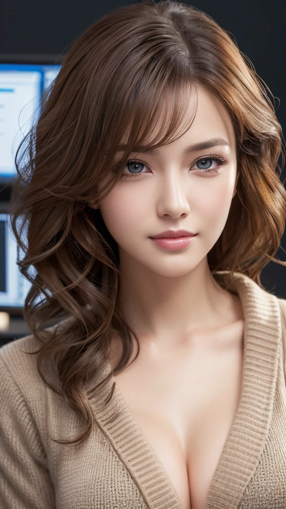 beautiful eyes, beautiful lips,seductive smile , longeyelashes,(slender),(( curly hair)),looking away,Cardigan,displeased, office lady, professional business attire, office setting, desk, computer,, (highres,masterpiece:1),detailed,(realistic,photorealistic,photo-realistic:1),HDR,UHD,studio lighting,ultra-fine painting,sharp focus,physically-based rendering,extreme detail description,professional,vivid colors,bokeh,intricate details,highly realistic,photorealistic portrait