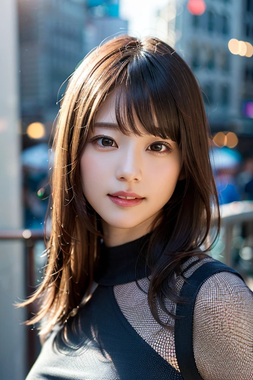 (8K、Raw photo、Highest quality、masterpiece:1.2)、(Realistic、Photorealistic:1.37)、Ultra-detailed、Ultra-high resolution、1 girl、Seeing the viewer、Beautifully detailed face、Laughter、narrow、(Slim waist) :1.3)、Solo Mesh Top、Beautifully detailed skin、Skin Texture、Floated hair、Professional Lighting、