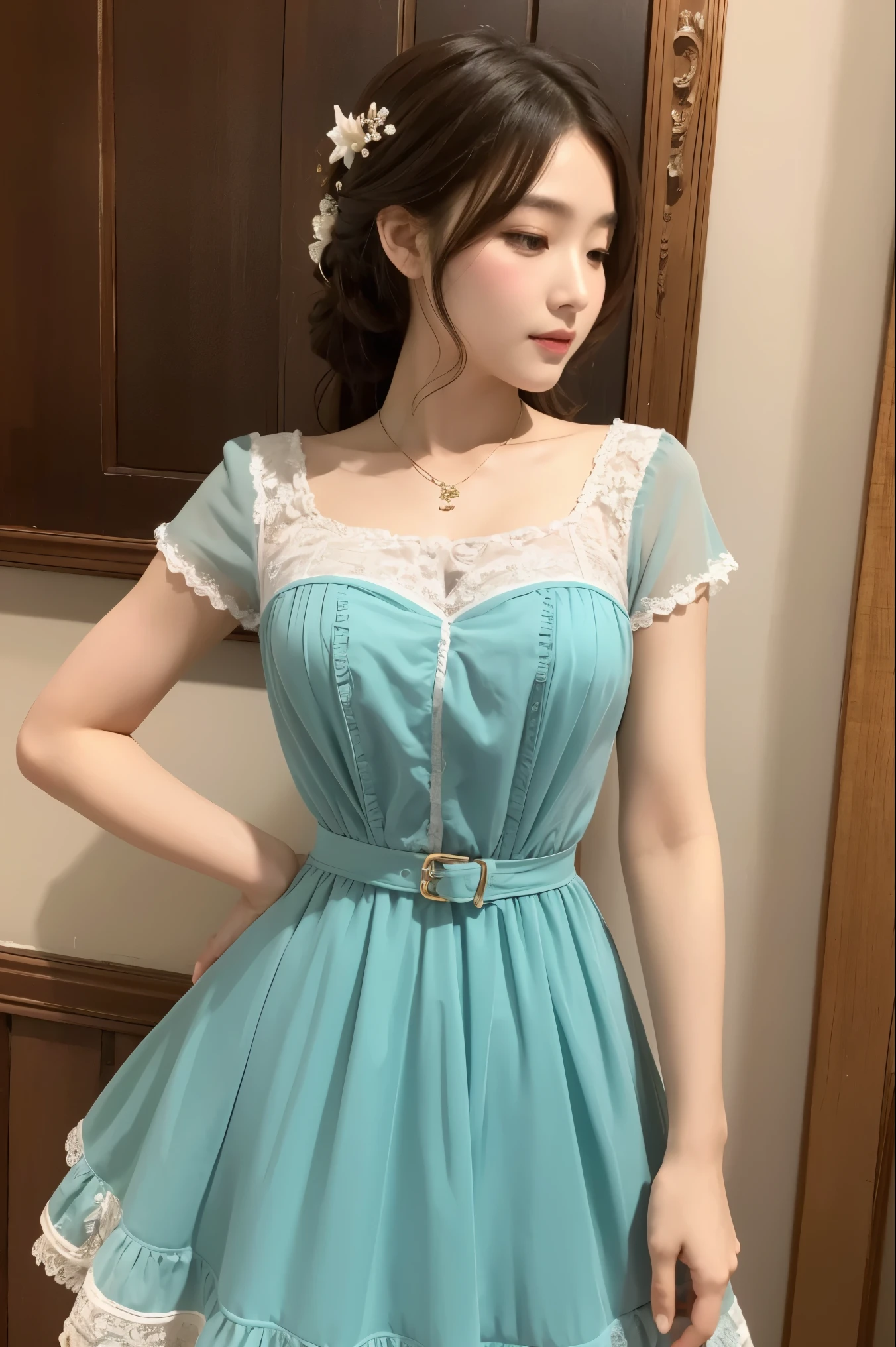 ((high quality work)), Clean and simple lines, The green dress is complemented by beautiful ruffled lace, Enriches the layering of the entire picture, Elegant Edwardian lace dresses and princess skirts enhance the character, Hand gesture with hands behind back , It also shows the gentle and elegant side of women.