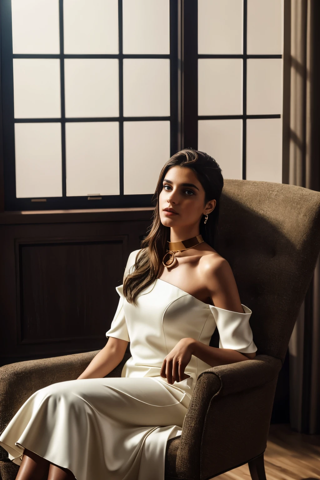 In this photograph, an Indian Instagram female model in her mid-20s sits elegantly in a luxury chair, commanding attention. The background, a 5-star hotel setting, adds to the moody ambiance of a private study. Captured by Lee Jeffries with a Nikon D850 and 4 Kodak Portra 400 film stock, the image boasts rich colors, hyper-realistic details, and lifelike textures. The model wears a stylish cream ivory combination jumpsuit self-design fit & flare dress, featuring a sweetheart neck, short puff sleeves, and tie-up detail on the back, enhancing its allure.
The dress flows gracefully above the knee with a flounce hem, crafted from chiffon fabric with an attached lining for comfort. Completing the aesthetic, the model wears a slave collar with a chain around her neck, adding an edgy contrast to the elegant ensemble. Meticulously captured in 8K resolution using cutting-edge techniques such as Cinema 4D and Octane Render, the photograph exudes a highly detailed and photorealistic quality. Studio lighting, HDR, and a smoky mist further enhance the captivating ambiance, while the bokeh effect adds an artistic touch to the composition.