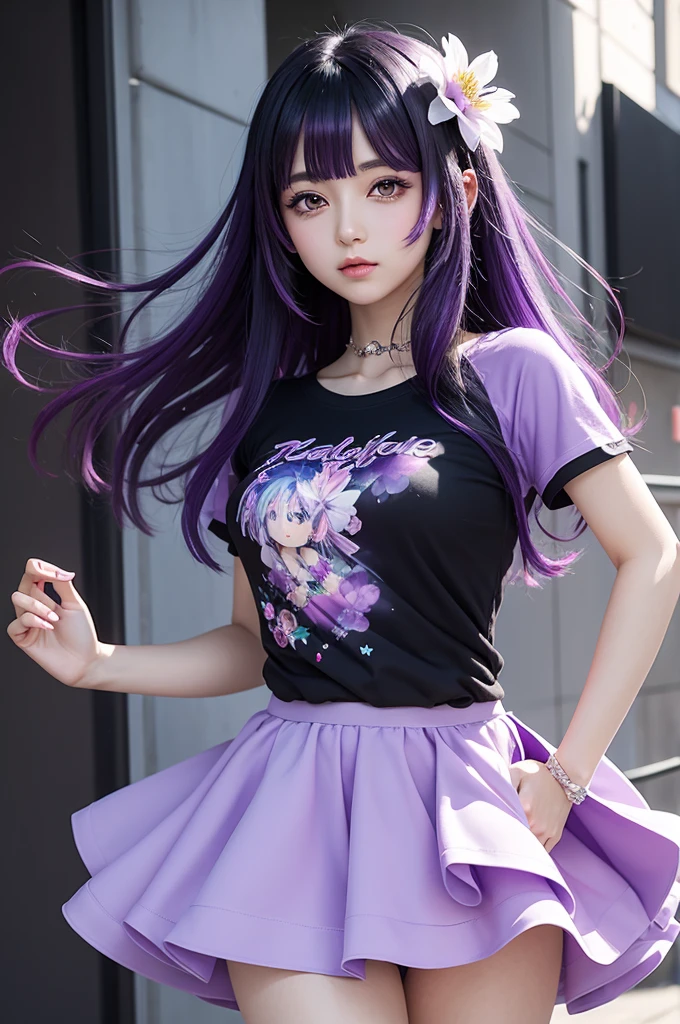 an anime-style fairy with black hair and purple highlights, wearing a flower skirt and a t-shirt that together look like an elegant and comfortable dress