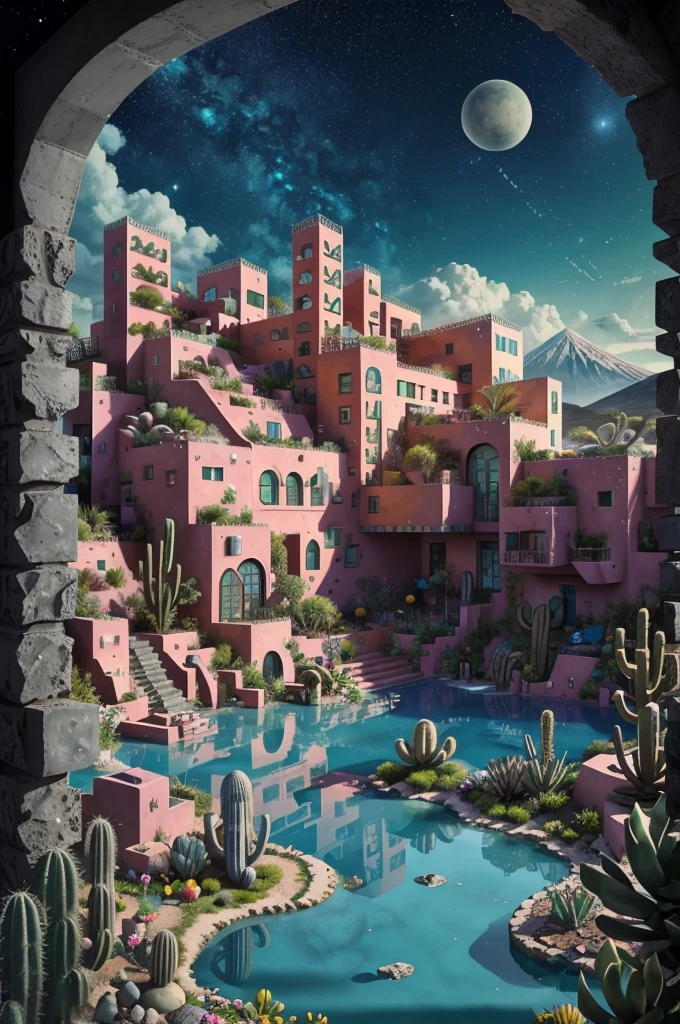 An illustration, collage style, David Hockney visual style, (((Luis Barragán's architectural style houses in middle of a lake))), big boulders, little cascade, mountains, volcanos, volcanic landscape, pool, stairs, beautiful gardens, abundant vegetation, cacti, agave, big clouds, sunset. Magazine cover, serif tipography, editorial design, masterpiece, An illustration in collage style, con rocas gigantes, Brutalist construction sections, escaleras, cactus, agave, textura de concreto, Multiple geometric shapes, hatch and cross hatching, planeta Saturno. ((masterpiece, best quality)),illustration,ultra detailed 8k. (((An illustration of a build designed by Luis Barragán))), with a desertic vegetation garden, (big rocks), ((cacti)), lake, volcano in horizon, smooth clouds, (((illustration collage format))), ((Escher's art style)), (((multiple sections))), (violet, blue, olive green, grey, black and white), hard shadows, (((geometric sculptures))), concrete sculptures, high contrast, dramatic, cinematographic, ((milky way galaxy)), intricate, intricate details, sharp focus,landscape