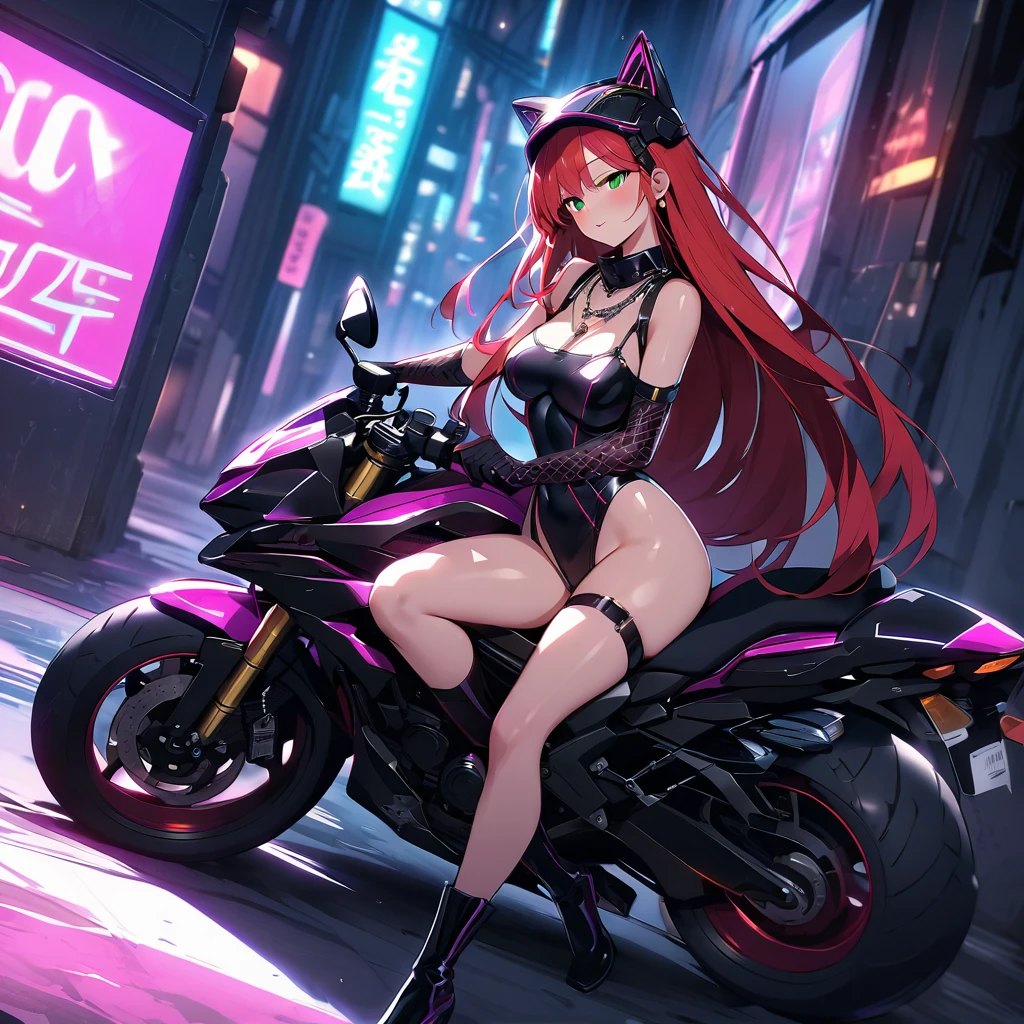 I imagine this girl with a futuristic appearance and full of mystery. Her body is wrapped in a purple and black bodysuit., Shiny chains intertwine around his arms and legs, as if they were metallic tattoos. The three-strand necklace, with its digit-shaped padlock, It is their symbol of submission and devotion. Her red hair falls in waves over her shoulders., and his green eyes flash with a mixture of passion and obedience. The black dress fits her curves, enhancing her voluptuous figure. Each chain that tightens around her skin is a reminder of her role as a beloved slave.. In the dark garage, the girl prepares for her master. The cyberpunk motorcycle awaits, its shiny surface reflecting the neon lights of the city. The cat-shaped helmet gives it a mysterious look, and the tail that extends from the back of the seat seems to have a life of its own. She rides the motorcycle with grace, speeding into the night. The wind whistles in his ears as he walks through the dark streets, ready to carry out her master&#39;s orders. In this futuristic world, where technology and passion intertwine, she is his slave, your confidant and your lover. The girl with chains and a cyberpunk motorcycle is an enigma, a mixture of desire and bondage. Its story unfolds in the twinkling lights of the city, and his figure becomes a legend in the night streets.
