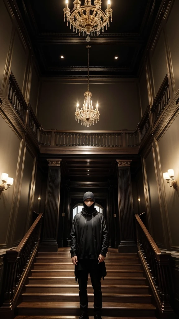 man in loose, lightweight black clothing, prominently wearing a balaclava, standing in the luxurious hall of a high-end mansion, with symmetrically arranged gold-colored railings, black ceiling, new wooden floor, and blood-red walls, parts of the staircase made of white marble, mysterious and solitary atmosphere, suspenseful mood, viewed from the bottom of the grand staircase, wide-angle lens, soft, diffused lighting