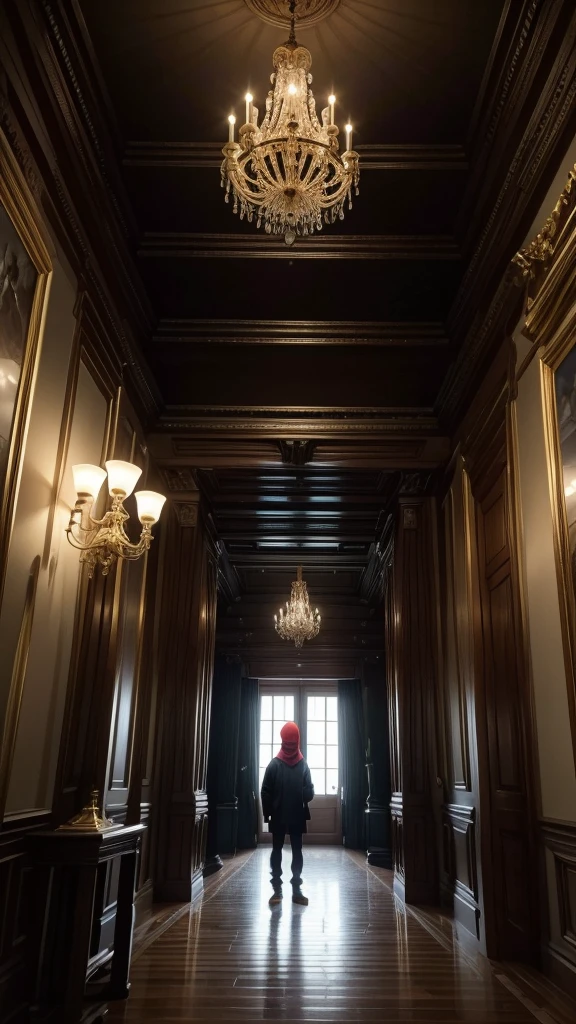 man in loose, lightweight black clothing, prominently wearing a balaclava, standing in the luxurious hall of a high-end mansion, with symmetrically arranged gold-colored railings, black ceiling, new wooden floor, and blood-red walls, parts of the staircase made of white marble, mysterious and solitary atmosphere, suspenseful mood, viewed from the bottom of the grand staircase, wide-angle lens, soft, diffused lighting