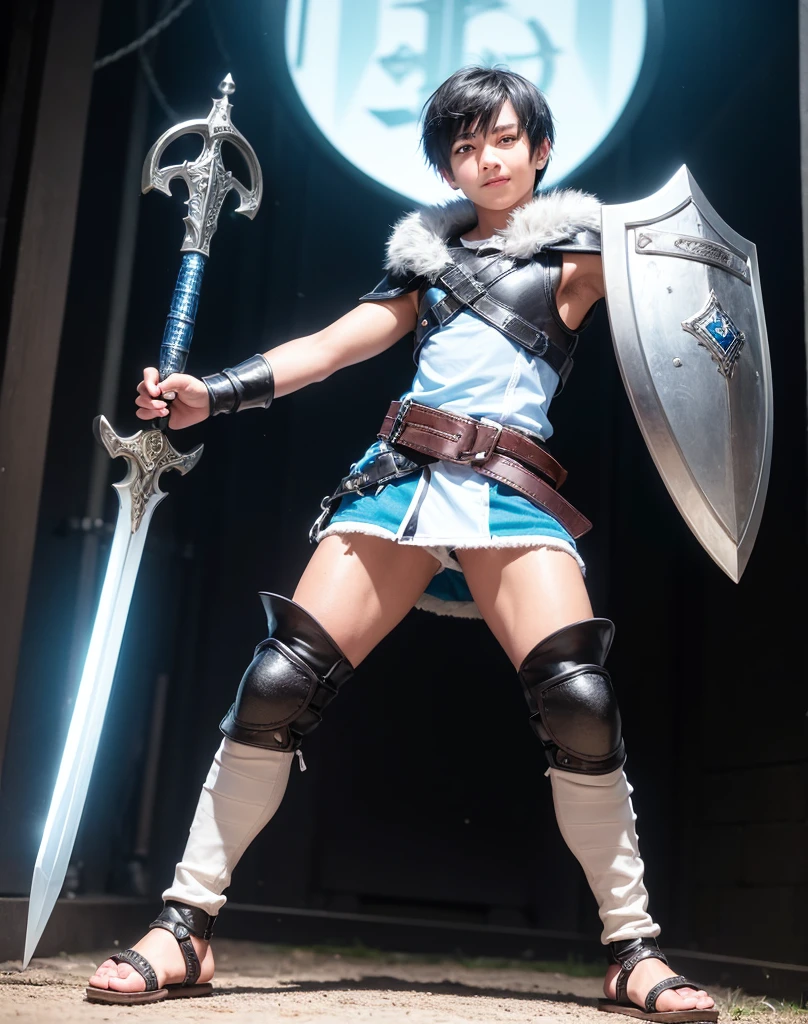 Young 13-year-old boy with black hair and brown eyes, innocent and happy, dressed in short neon-blue medieval barbarian clothes, fur shorts, light-blue battle armor, weilding silver sword and shield, sandals; fullbody; short hair, boyish athletic, sexy,
