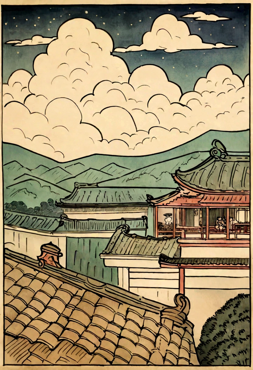 A man in the nightscape, at a rooftop viewing the street, insired by japanese art, van cogh coloring, art style yusuke murata