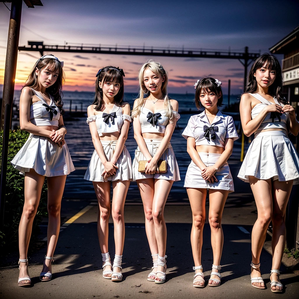 ((ExtremelyDetailed (12 KAWAII Girls in a row:1.37) at Dusk Enoshima Beach)), (masterpiece TopQuality) (photorealistic:1.37), {(Standing Full Body:1.2)|(from below:1.2)}, Different types of hair colors, {School Uniform|naked bandage|tutu}, PUNIPUNI, Joyful Expressions LifeLike Rendering, VolumetricLighting