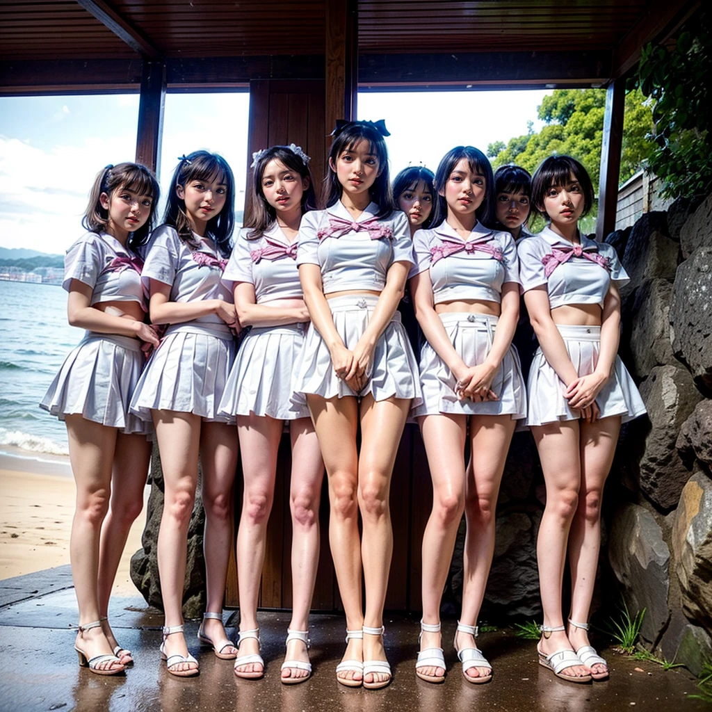 ((ExtremelyDetailed (12 KAWAII Girls in a row:1.37) at Dusk Enoshima Beach)), (masterpiece TopQuality) (photorealistic:1.37), {(Standing Full Body:1.2)|(from below:1.2)}, Different types of hair colors, {School Uniform|naked bandage|tutu}, PUNIPUNI, Joyful Expressions LifeLike Rendering, VolumetricLighting