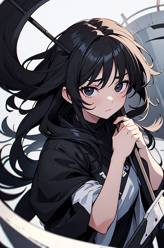 Girl, white skin, black hair, long hair, messy hair, black eyes, dark clotches, holding a scythe above and below
