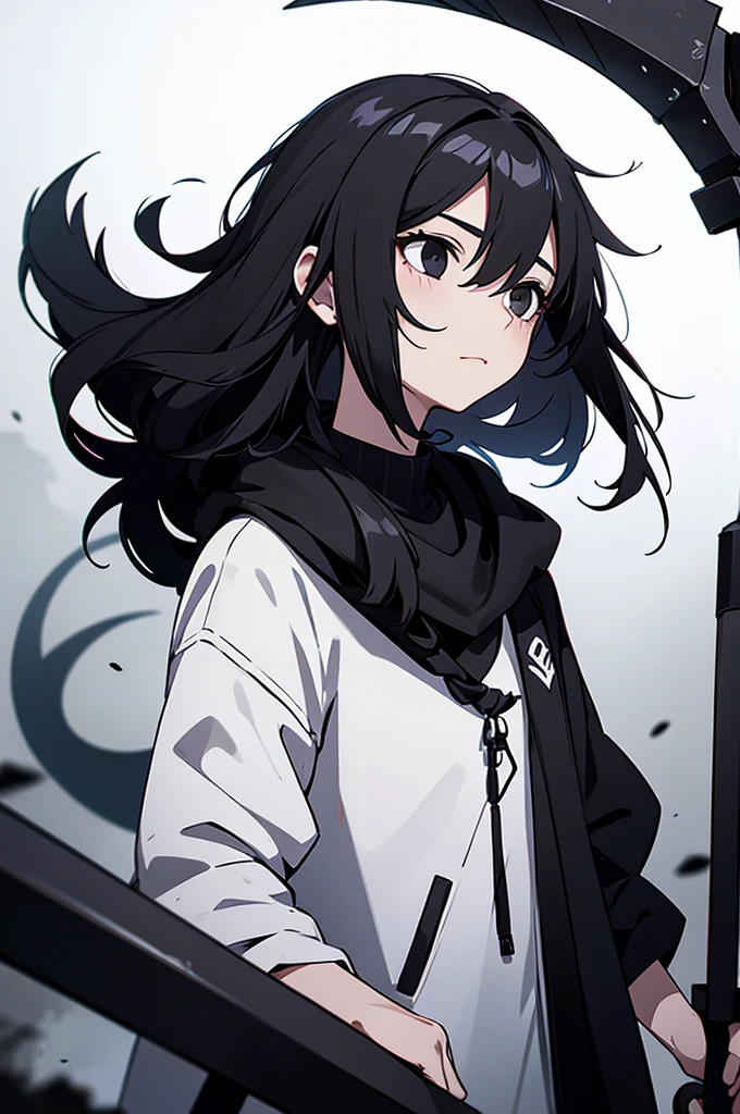 Girl, white skin, black hair, long hair, messy hair, black eyes, dark clotches, holding a scythe above and below