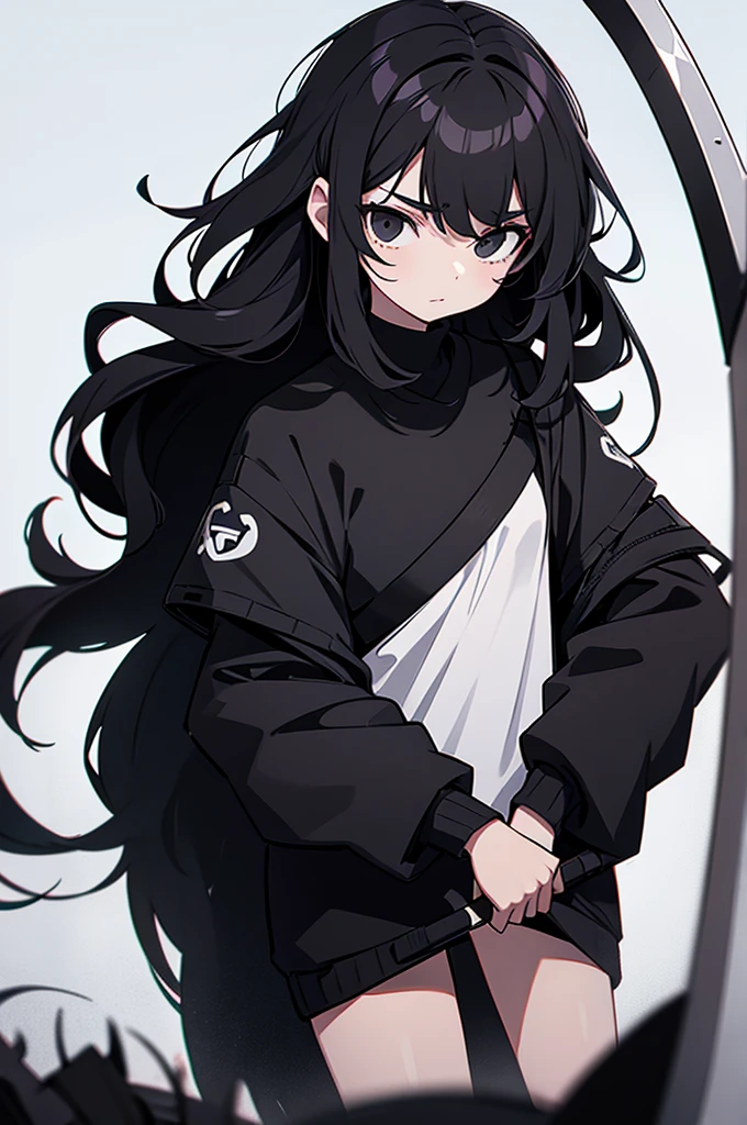 Girl, white skin, black hair, long hair, messy hair, black eyes, dark clotches, holding a scythe above and below