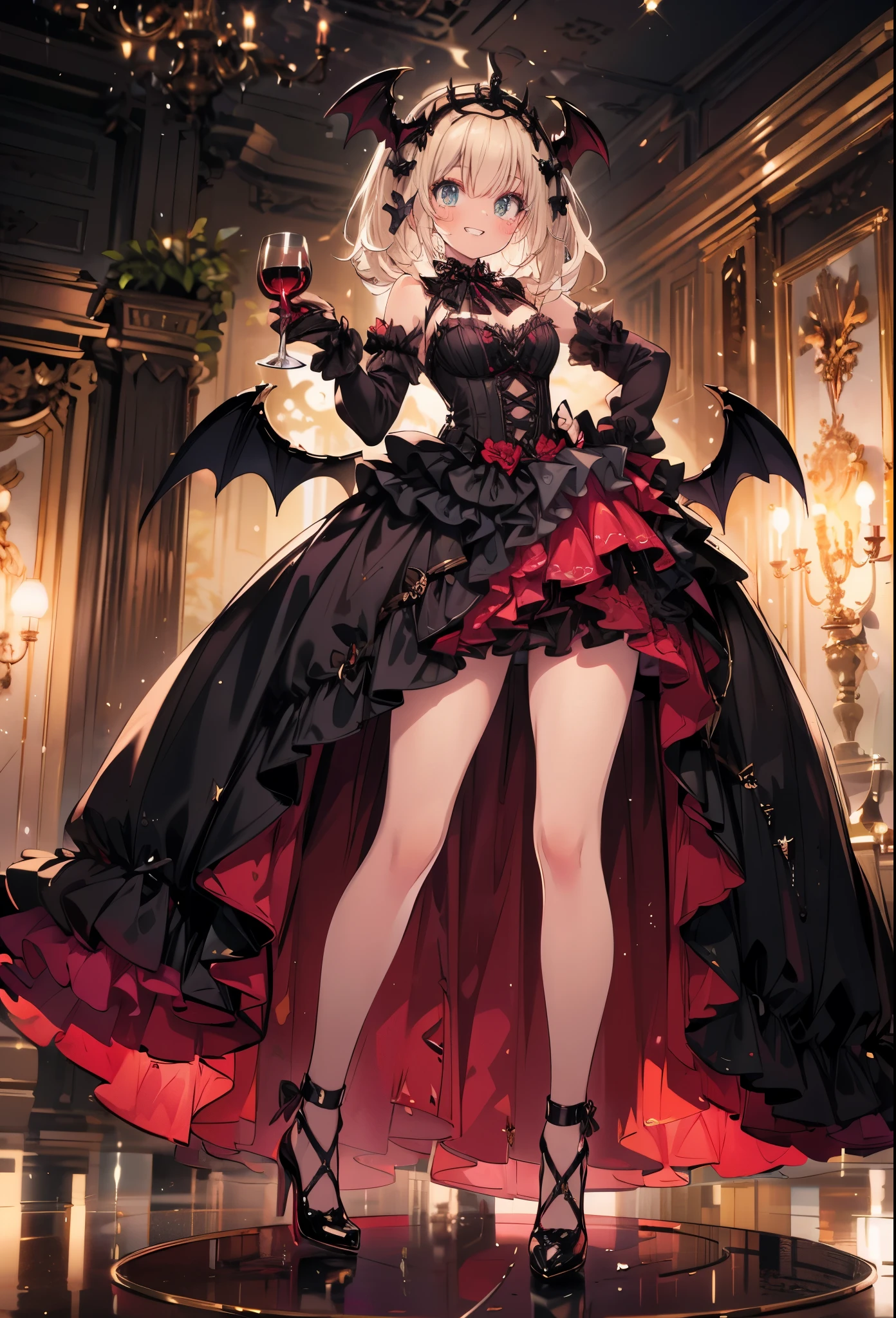 masterpiece, best quality, high resolution, extremely detailed CG, absurdres, highres, 1girl, solo, a vampire girl in  gothic costume, stands with a brandy glass filled with red wine, bat_wings on head, heels, frills, luxury hall, Colorful portraits, grin