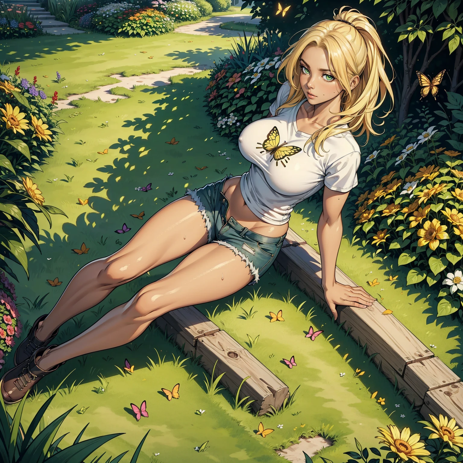 Masterpiece, Professional,  High Definition - quality, sharp focus, perfect artwork, Best Illustration,  trending on artstation, UHD, 4k, full body, NSFW
1girl, big breasts, small waist, big butt,  dark skin tone ,  skin texture, shiny skin tone, green eyes, jean micro shorts, t-shirt white, cap, sweaty, defined body, well defined thighs, athletic body, blonde hair,, shiny hair, dynamic pose in a beautiful garden. Detailed image with rich detail in the flowers, butterflies.


