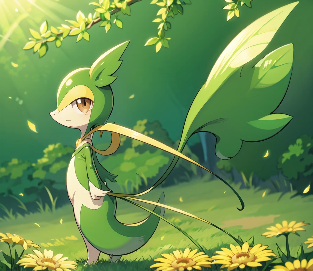 Snivy in a flower field, good lighting, side view, frown, defined tail, pointed snout, beautiful eyes, ancesra art style