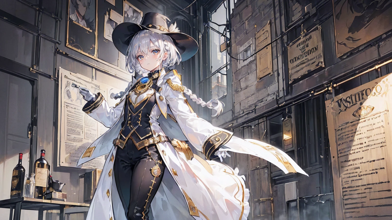 (Super detailed)),((illustration))，((masterpiece)),(((need))),((fine、Highest quality CG Unity 8K wallpapers，masterpiece），（（4K，masterpiece，best quality）），Girl with short silver hair，hair strand，expressive hair，Braids，Gold and silver heterochromatic eyes，flat chest，Silver sun hat，White gloves，Wearing a white coat，Black and gold western detective suit，Black and gold boots，Monocle，Restlessness，The walls are covered with wanted posters，Thick smoke billows from the factory behind，Dark sky，There&#39;s a big explosion behind，Full body picture，Medieval English Steam Style