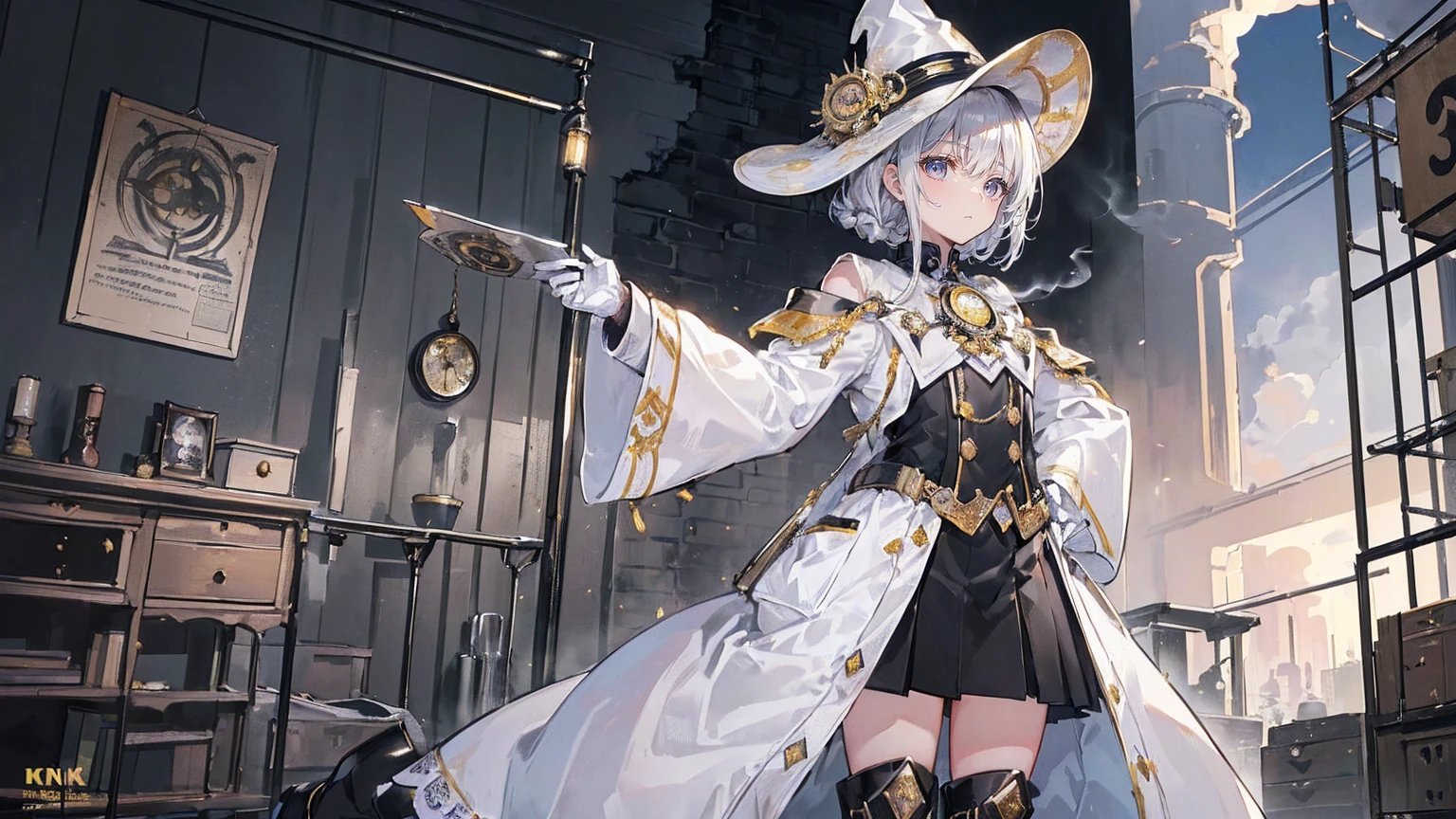 (Super detailed)),((illustration)),((masterpiece)),(((need))),((fine、Highest quality CG Unity 8K wallpapers,masterpiece),((4K,masterpiece,best quality)),Girl with short silver hair,hair strand,expressive hair,Braids,Gold and silver heterochromatic eyes,flat chest,Silver sun hat,White gloves,Wearing a white coat,Black and gold western detective suit,Black and gold boots,Monocle,Restlessness,The walls are covered with wanted posters,Thick smoke billows from the factory behind,Dark sky,There's a big explosion behind,Full body picture,Medieval English Steam Style