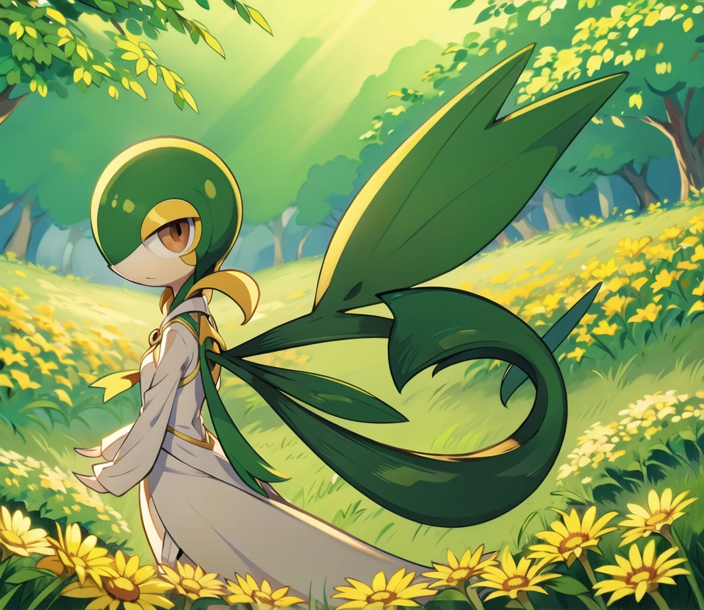 Snivy in a flower field, good lighting, side view, frown, defined tail, pointed snout, beautiful eyes, ancesra art style