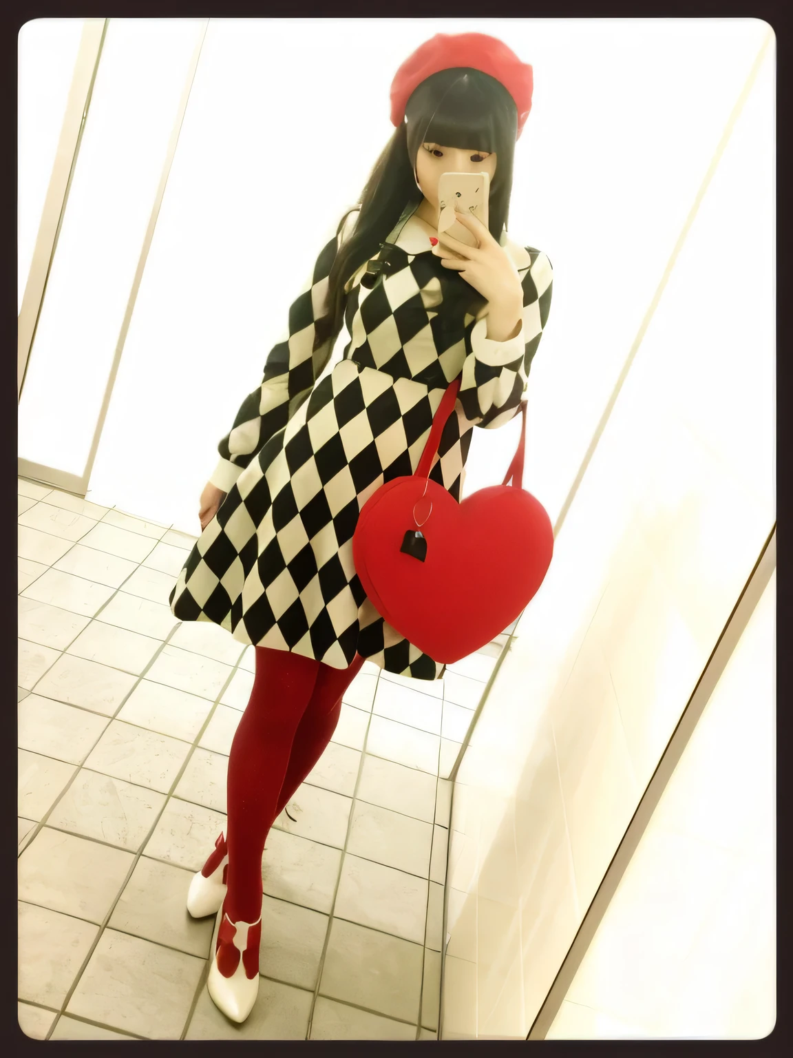Red tights。T-strap heel。one piece。young woman。Large breasts。high resolution。