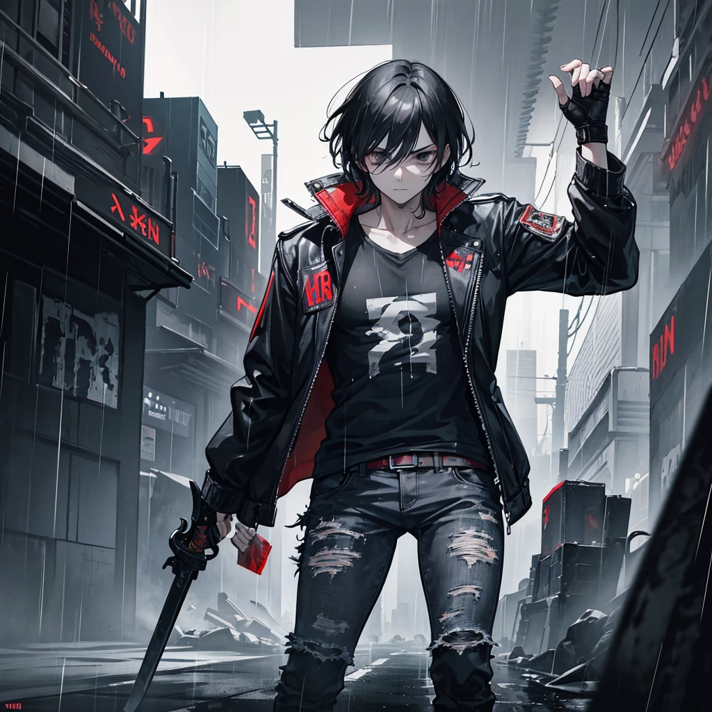A man with black hair and black eyes covered in blood in the cyberpunk universe is wearing a jacket, distressed gray jeans, there is a sword in his hand, against the backdrop of a night cyberpunk city and very heavy rain.