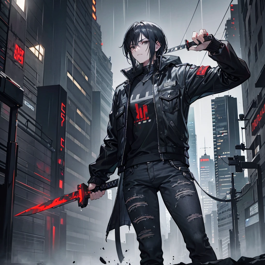 A man with black hair and black eyes covered in blood in the cyberpunk universe is wearing a jacket, distressed gray jeans, there is a sword in his hand, against the backdrop of a night cyberpunk city and very heavy rain. 