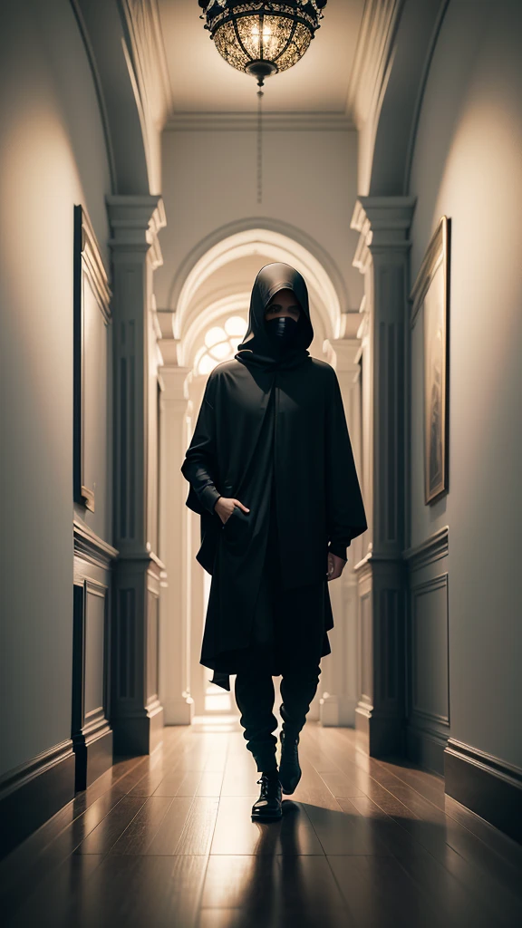 solitary figure in flowing lightweight black garments and a prominently visible balaclava, walking through the opulent corridor of a high-end mansion, with symmetrically placed golden railings, black ceiling, new wooden floor, blood-red walls, and white marble steps, aura of mystery and loneliness, suspenseful and haunting, seen from behind, normal lens, ambient diffused light