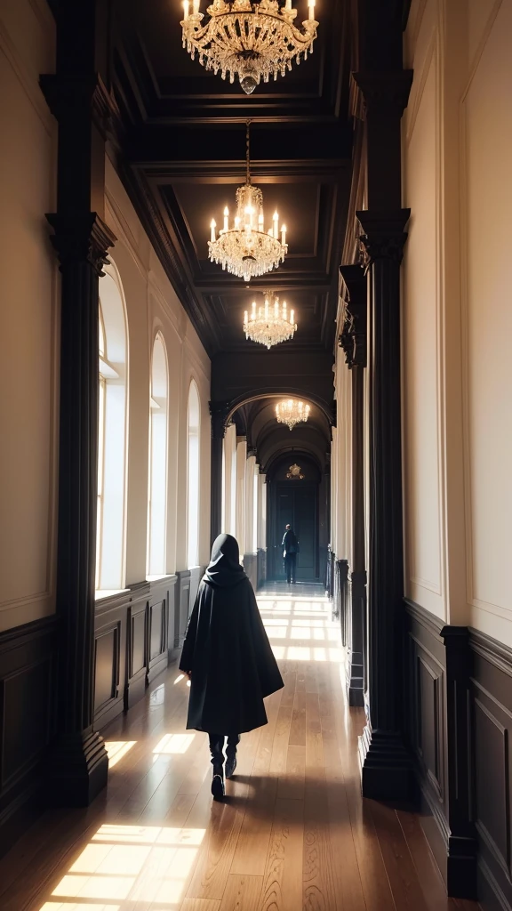 solitary figure in flowing lightweight black garments and a prominently visible balaclava, walking through the opulent corridor of a high-end mansion, with symmetrically placed golden railings, black ceiling, new wooden floor, blood-red walls, and white marble steps, aura of mystery and loneliness, suspenseful and haunting, seen from behind, normal lens, ambient diffused light