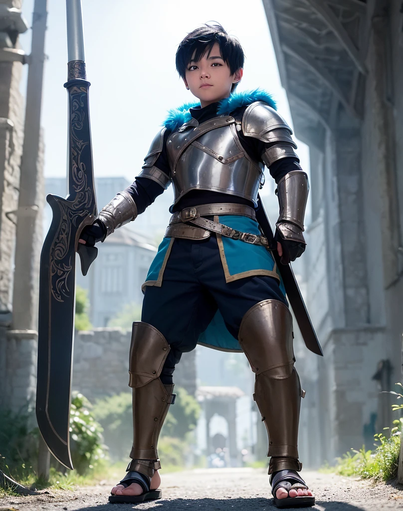 Young 13-year-old boy with black hair and brown eyes, innocent and happy, dressed in short neon-blue medieval barbarian clothes, fur shorts, light-blue battle armor, weilding silver sword and shield, sandals; fullbody; short hair, boyish athletic, sexy,