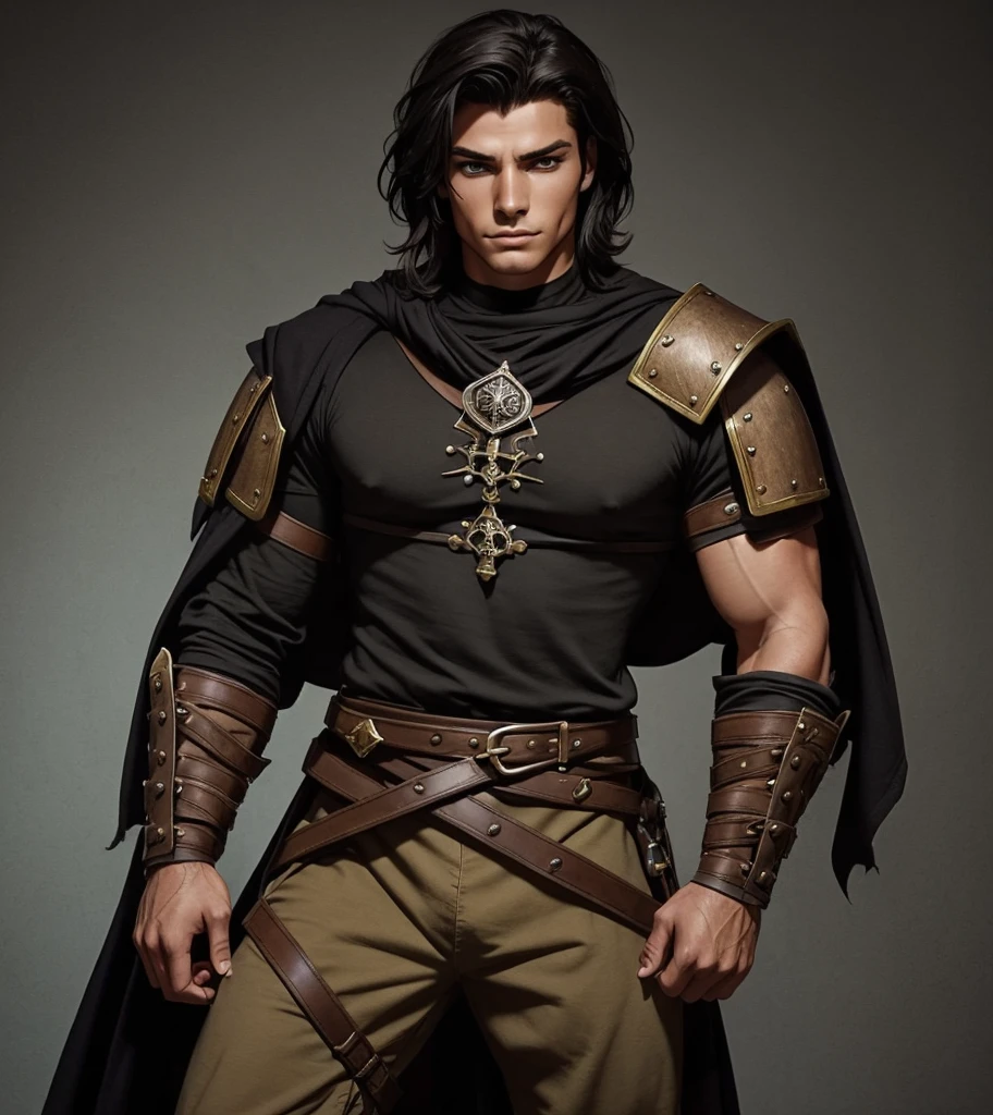 (((Solo character image.))) (((Generate a single character image.))) 1boy (((Dressed in medieval fantasy attire.))) (((Very sexy facial expression.))) Sexy male fantasy character. Physique like a male warrior. Generate an exciting yet sinister male fantasy adventurer for a dark and eerie fantasy setting. He has shoulder length black hair and has a sinister attire and looks like an exciting villain for a fantasy setting. Large, sexy crotch area. Swashbuckler fashion. Great abs. Great male physique. This character is human, very dangerous and looks full of mischief. He appears about 20 years old. Ideal physique. Realistic image. Looks like a male version of actress Payton Preslee. He has a legendary beauty that makes him memorable and a pleasure to look at. Dresses like a male gypsy. Romani.