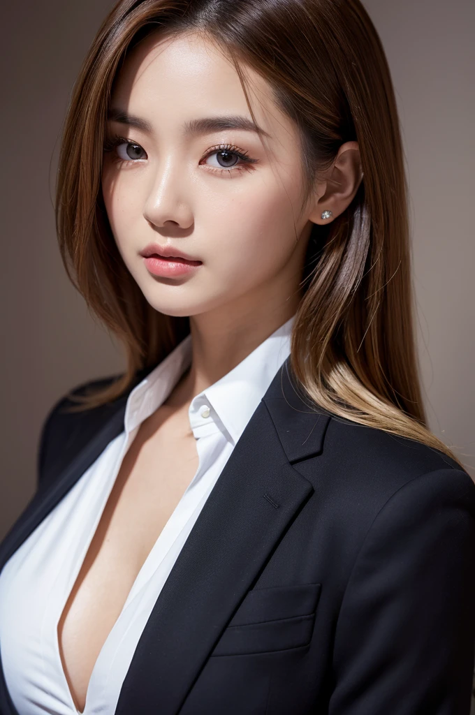 Beautiful Woman, Detailed Facial Features, Perfect Body Shape, Elegant Japanese Goddess, Gorgeous Chinese Model, Realistic and Lively, Piercing, Fashionable and Youthful, Solo Portrait, Close-Up Shooting, Brown Hair, Top Quality, 4k, 8k, High Definition, Masterpiece, Super Detail, In Color Vivid Close-Up Portraits, Studio Lighting, Physically Based Rendering, Sharp Focus, Professional Photographer, Blonde Hair, Uniform, Suit, Pull-Up