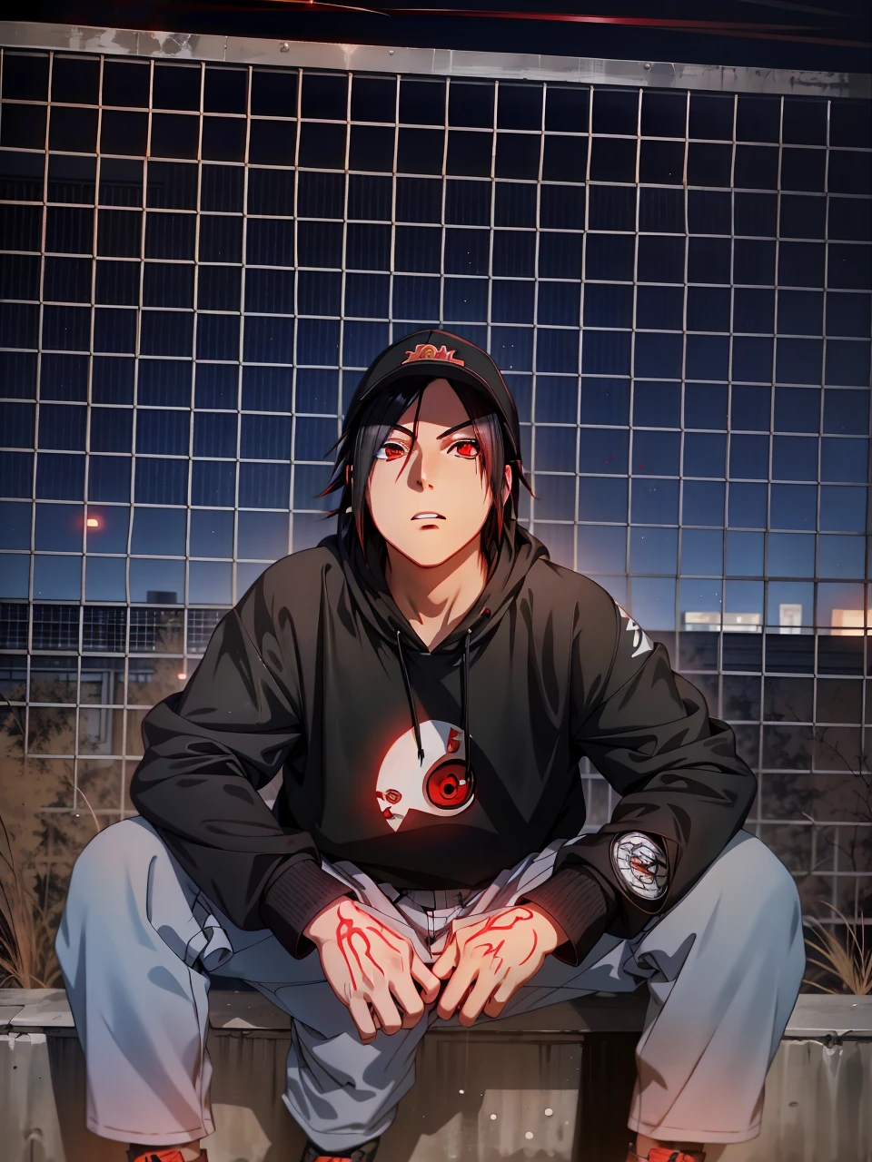 Masterpiece, 1man, Superb Style, Urban Streetwear Hoodie, Outdoor, Upper Body, Uchiha Sasuke, bright red eyes, black hair, cool, dinamic lighting, vivid colours, ultra detailed