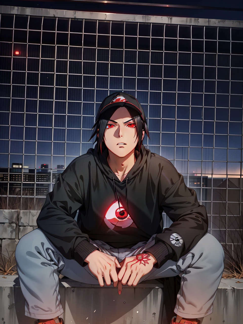 Masterpiece, 1man, Superb Style, Urban Streetwear Hoodie, Outdoor, Upper Body, Uchiha Sasuke, bright red eyes, black hair, cool, dinamic lighting, vivid colours, ultra detailed