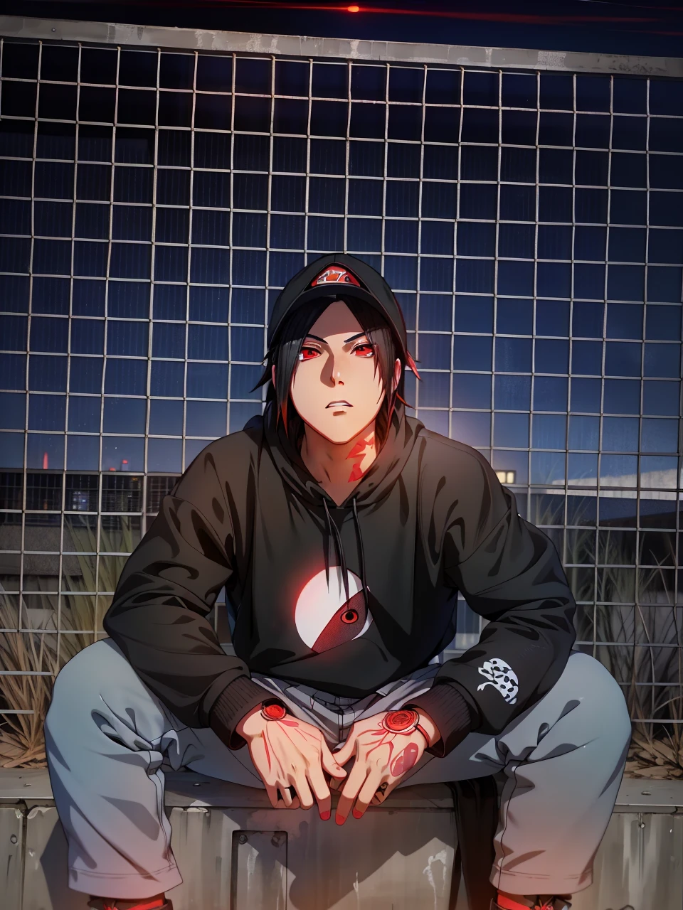 Masterpiece, 1man, Superb Style, Urban Streetwear Hoodie, Outdoor, Upper Body, Uchiha Sasuke, bright red eyes, black hair, cool, dinamic lighting, vivid colours, ultra detailed