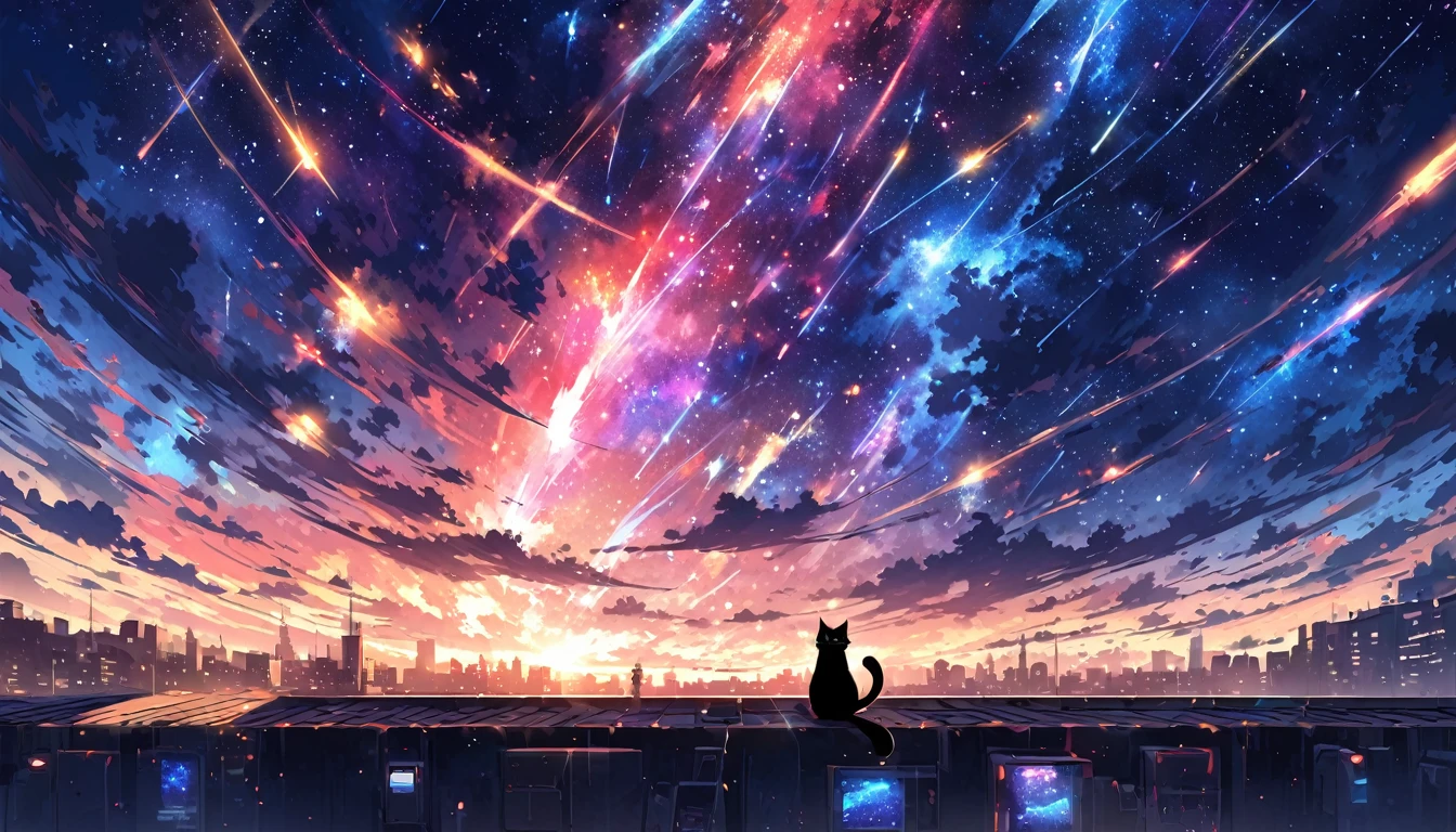 anime painting inspired by Makoto Shinkai, space art, (sideways (black cat) sitting on the roof of a building looking at the sky), mysterious, fantastic, meteor shower, intricate lights, twinkling city lights, (((unmanned))),