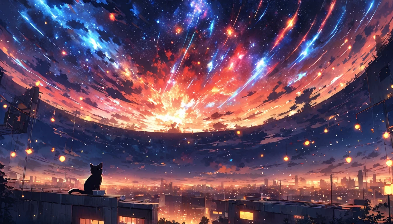 anime painting inspired by Makoto Shinkai, space art, (sideways (black cat) sitting on the roof of a building looking at the sky), mysterious, fantastic, meteor shower, intricate lights, twinkling city lights, (((unmanned))),