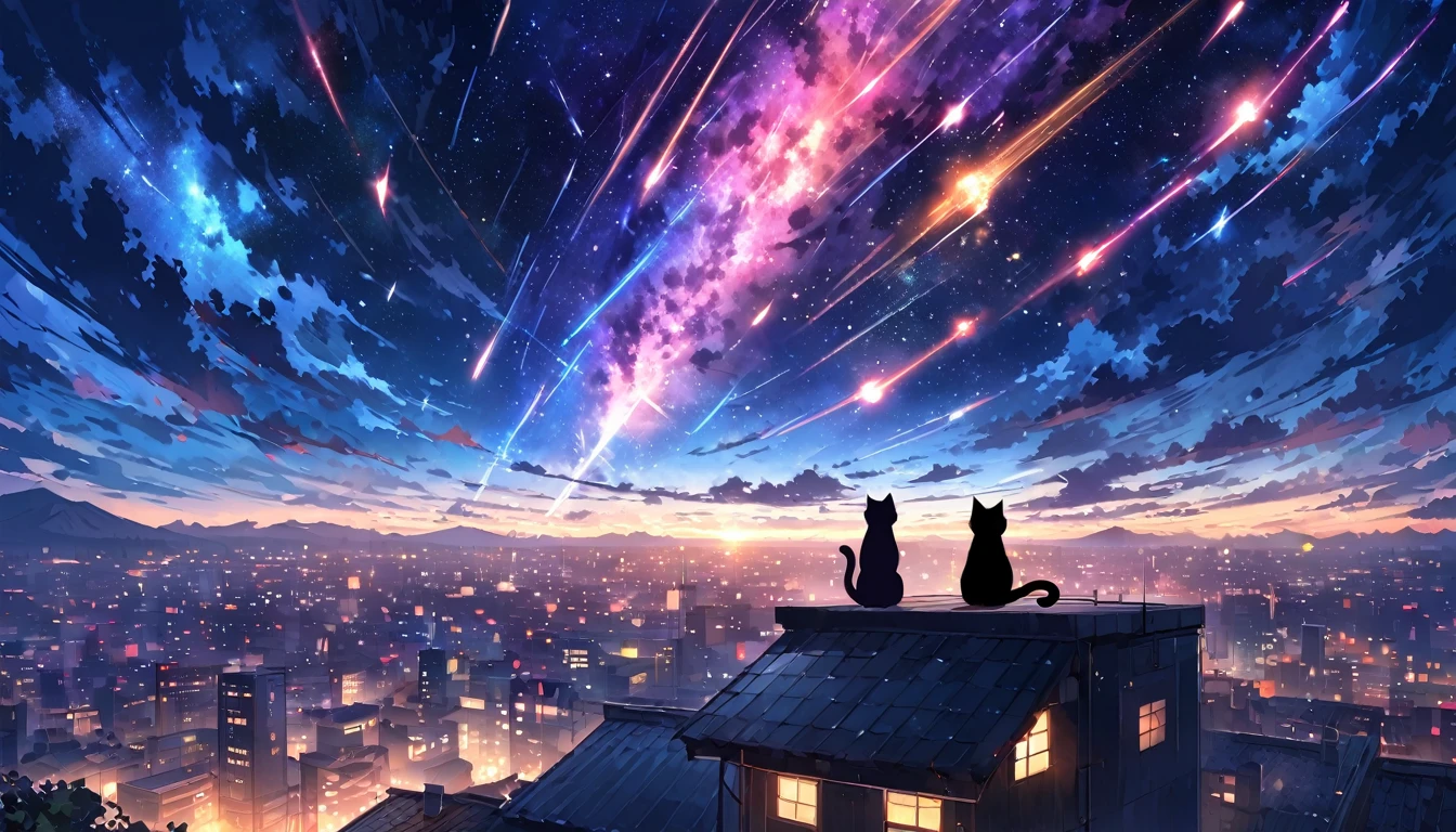 anime painting inspired by Makoto Shinkai, space art, (sideways (black cat) sitting on the roof of a building looking at the sky), mysterious, fantastic, meteor shower, intricate lights, twinkling city lights, (((unmanned))),