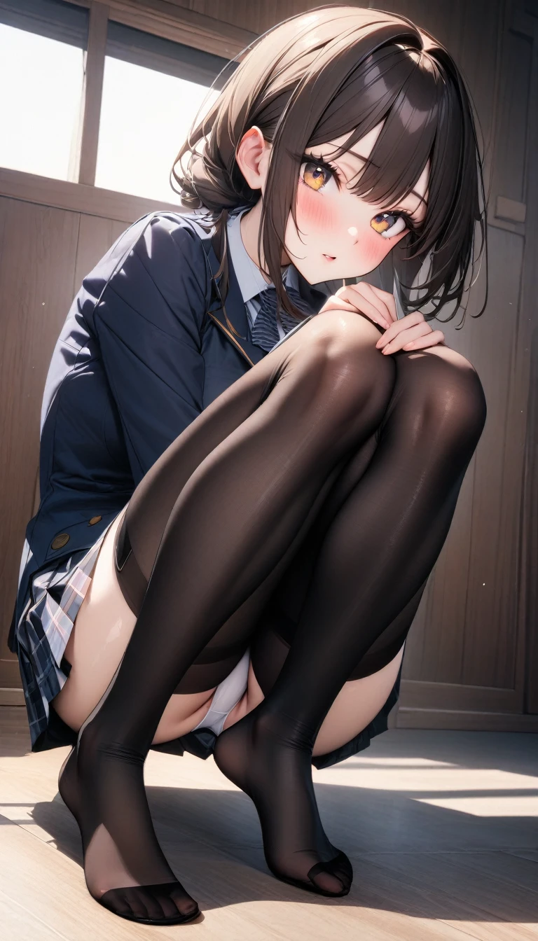 ((最high quality, 8K, masterpiece)), High resolution、(high quality: 1.5)、Very detailed、Detailed face、Bright colors、Natural light、Fine grain、Colorful eyes、Beautiful Face、非常にDetailed faceのテクスチャの女性,masterpiece, 最high quality, Detailed and beautiful eyes,最high quality、Best image quality、masterpiece、Mr.々Hairstyle,girl,Just beautiful,masterpiece,最high quality、alone, (Head to toe), (Small breasts), Unkempt brown hair, bangs, (black tights), (Black Pantyhose), (Sit with your legs apart), (Crouching pose), (A composition showing white panties), (Her legs were spread、I see your white pants.), (I was made to sit on the floor with my legs spread..), (M-shaped legs), Thin legs, Very beautiful and tall, (No shoes), blush, Shy big eyes, looking at the camera, Blazer Uniform, Checkered Pleated Skirt,so beautiful、High resolution,((Glamorous Body)))(masterpiece:1.2)、(最high quality:1.2)、Latest Glossy Skin
