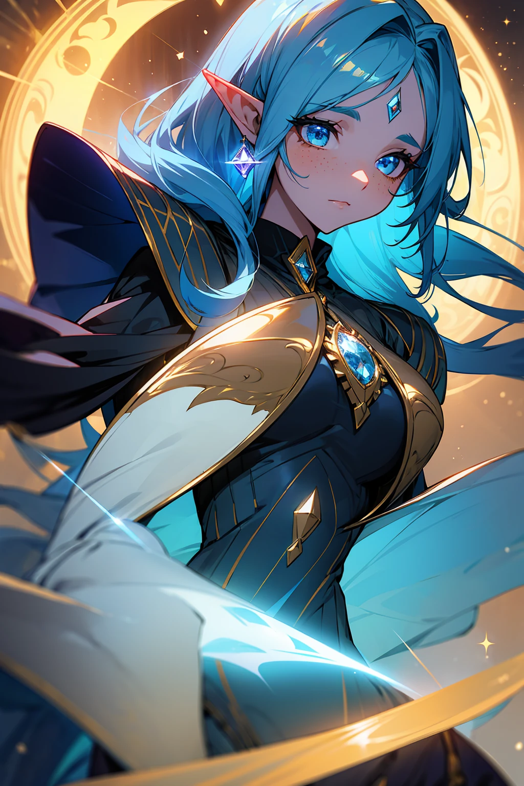 can you create in the same style dnd woman character ethereal, fantasy-themed portrait of a female elf with flowing, vibrant blue hair that glows with a soft luminescence. Her eyes are strikingly golden and have a mystical, otherworldly glow. She has a diamond-shaped blue gem embedded in the center of her forehead, adding to her magical appearance. Her skin is smooth and slightly luminescent, with shimmering blue freckles accentuating her cheeks. Her pointed ears are adorned with a slight, elegant curve, typical of elven features.

Her attire is a sleek, black and gold outfit with a high collar and intricate, shiny patterns, giving her a regal and powerful aura. The background should have a dark, starry night sky with swirling blue and gold cosmic elements, enhancing the mystical and celestial atmosphere. The overall mood of the portrait should be mysterious, enchanting, and otherworldly.