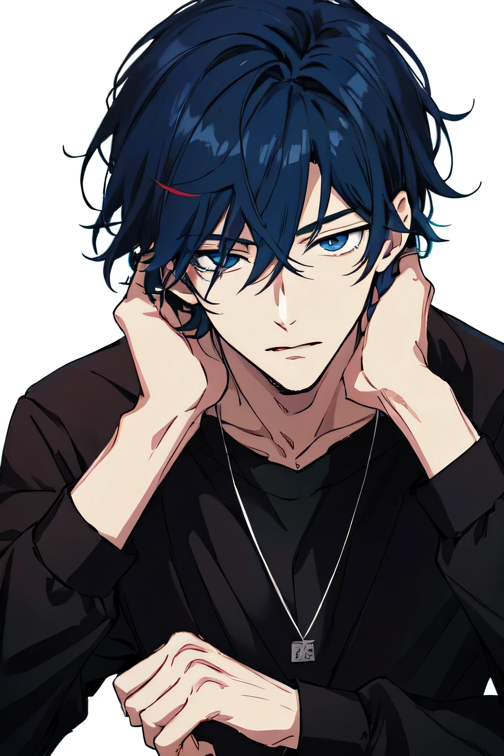masterpiece,best quality,ultra detailed,Anime man with black hair and black eyes staring at the camera, Anime handsome man, Handsome anime pose, young anime man, Anime portrait of a handsome man, handsome guy in demon killer art, male anime character, Anime boy, Male anime style, A handsome man，with short black hair, Smooth anime CG art, Tall anime guy with blue eyes, Kawasi, blue eyes, rainbow blue hair,Wearing a sweatshirt,side glance,white background,head rest
