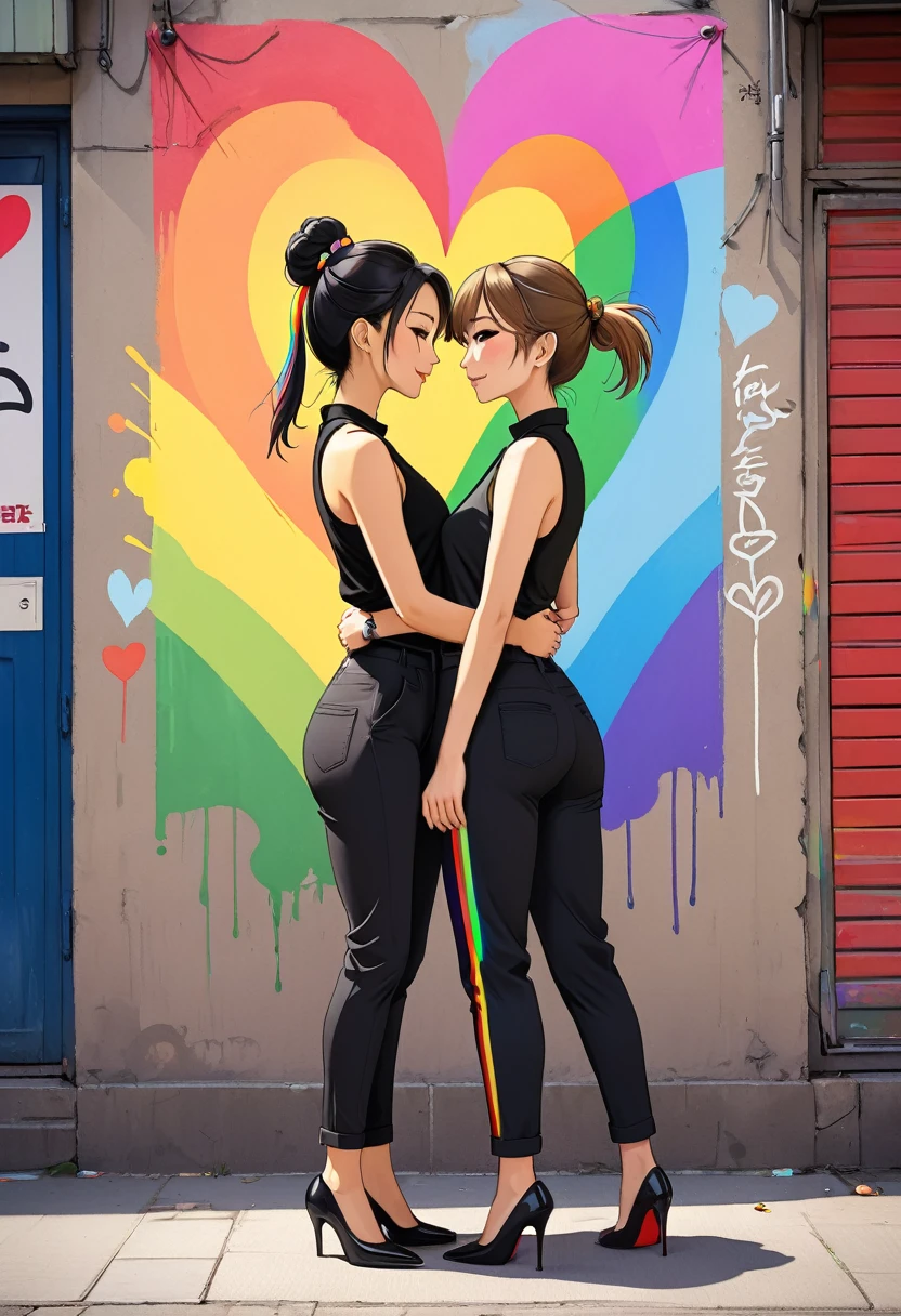 A vibrant and touching anime style illustration of two women expressing their love. FreenBecky's name "Love is Love" is written in bold, colorful graffiti-style letters, imitating the colors of the rainbow flag. The first woman is a British beauty with semi-long, loose, straight light brown hair, dressed casually in a black sleeveless shirt and black pants, with black high heels. The second woman, with Asian features, has black hair in a bun and wears a black sleeveless shirt with a lapel, black pants, and black high-heeled shoes. They hug her waist and hold a small rainbow flag each and show an attitude of empowerment. The dynamic composition shows the depth of their connection and respect for each other. They pose gently for the cameras and are surrounded by flashes