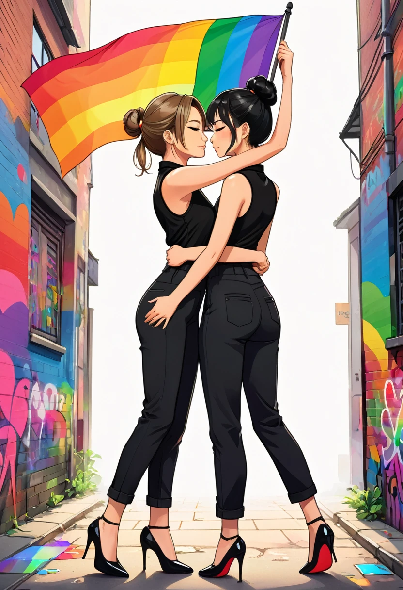 A vibrant and touching anime style illustration of two women expressing their love. FreenBecky's name "Love is Love" is written in bold, colorful graffiti-style letters, imitating the colors of the rainbow flag. The first woman is a British beauty with semi-long, loose, straight light brown hair, dressed casually in a black sleeveless shirt and black pants, with black high heels. The second woman, with Asian features, has black hair in a bun and wears a black sleeveless shirt with a lapel, black pants, and black high-heeled shoes. They hug her waist and hold a small rainbow flag each and show an attitude of empowerment. The dynamic composition shows the depth of their connection and respect for each other. They pose gently for the cameras and are surrounded by flashes