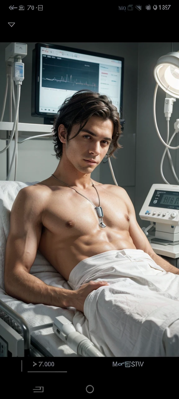 The image depicts a shirtless handsome young man resting on a hospital bed. He has dark, wavy hair and a sic8 expression on his face. In the background, there is medical equipment such as an IV drip and a monitor displaying a heart rate graphmany, ventilator, defibrillator medical device cables attached to the chest. The overall setting suggests a medical or hospital environment. The image has a dramatic, artistic style with striking lighting and shadows that emphasize the subject's facial features and physical form.