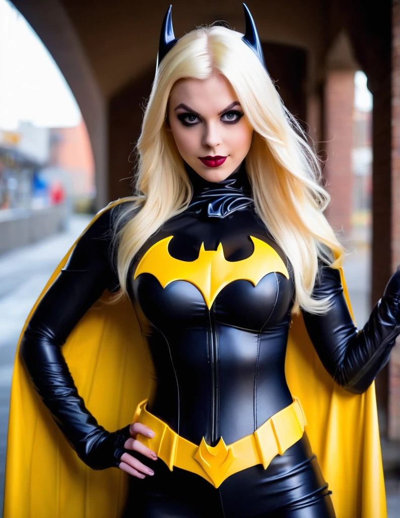 very attractive 25 year old girl with long platinum blonde hair, wearing skin tight latex batgirl cosplay outfit. very realistic