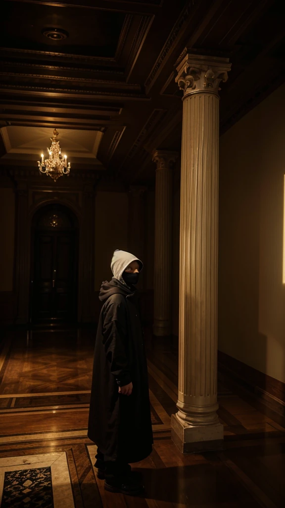 man in loose, lightweight black clothing, prominently wearing a balaclava, standing on the symmetrically designed grand staircase of an elegant mansion, with gold-colored railings, black ceiling, new wooden floor, blood-red walls, and white marble parts, eerie atmosphere, sense of mystery and solitude, suspenseful mood, viewed from the top of the staircase, wide-angle lens, soft, diffused lighting