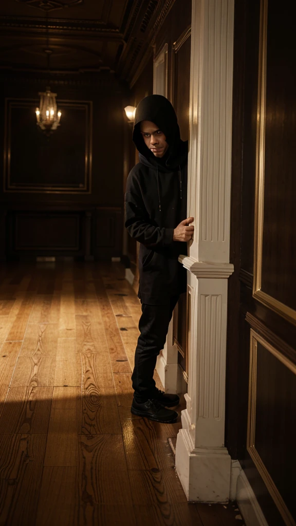 man in loose, lightweight black clothing, prominently wearing a balaclava, standing on the symmetrically designed grand staircase of an elegant mansion, with gold-colored railings, black ceiling, new wooden floor, blood-red walls, and white marble parts, eerie atmosphere, sense of mystery and solitude, suspenseful mood, viewed from the top of the staircase, wide-angle lens, soft, diffused lighting