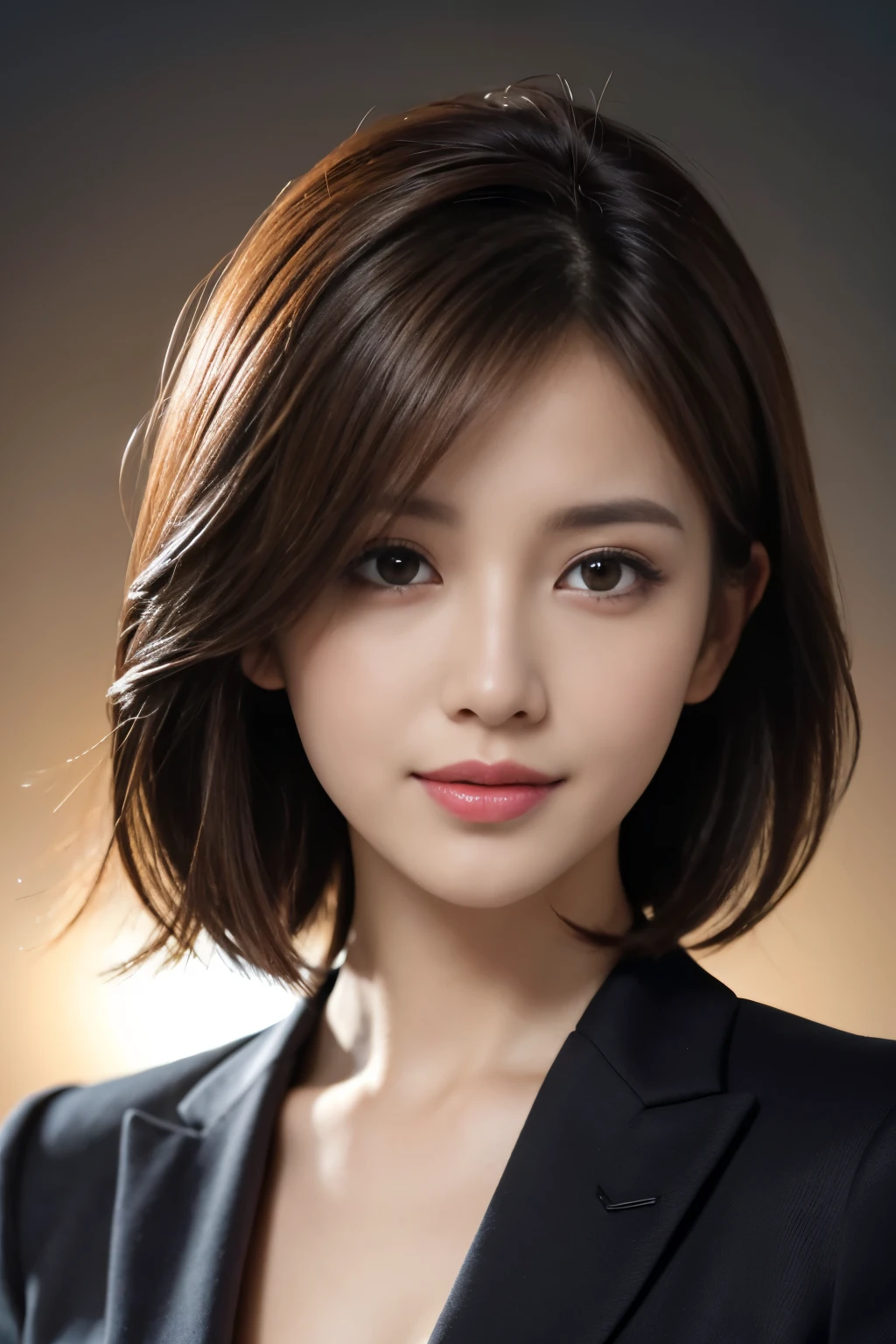The best quality at its best, Realistically, Super detailed, More about pubic hair, High resolution, Plain background,8k wallpaper, One beautiful woman,,Light brown short hair, Wear a dark suit, Lock Focus, Perfect dynamic composition, Beautiful Eyes, Delicate hair, 细致Realistically的皮肤纹理, smile, Close-up portrait, Model Body Type