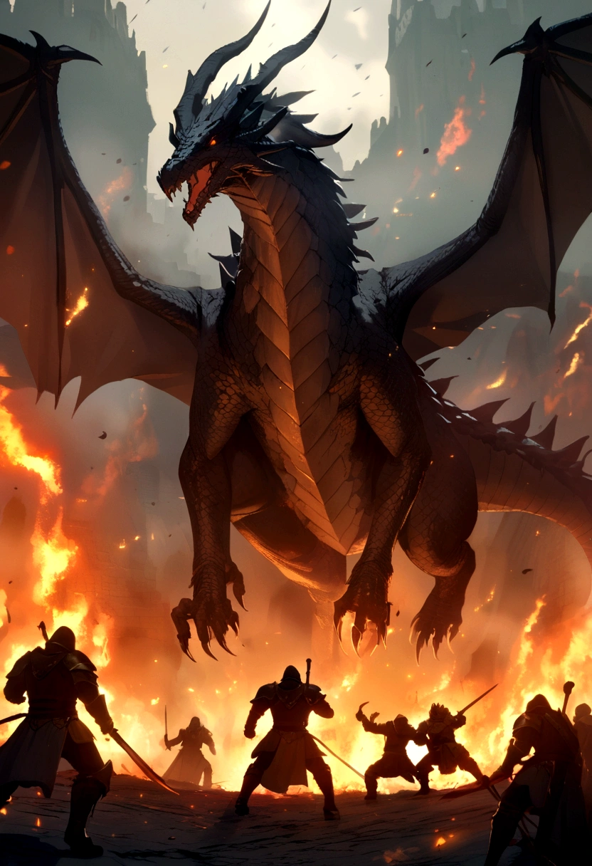 Black dragon, surrounded by fire, fighting a knight