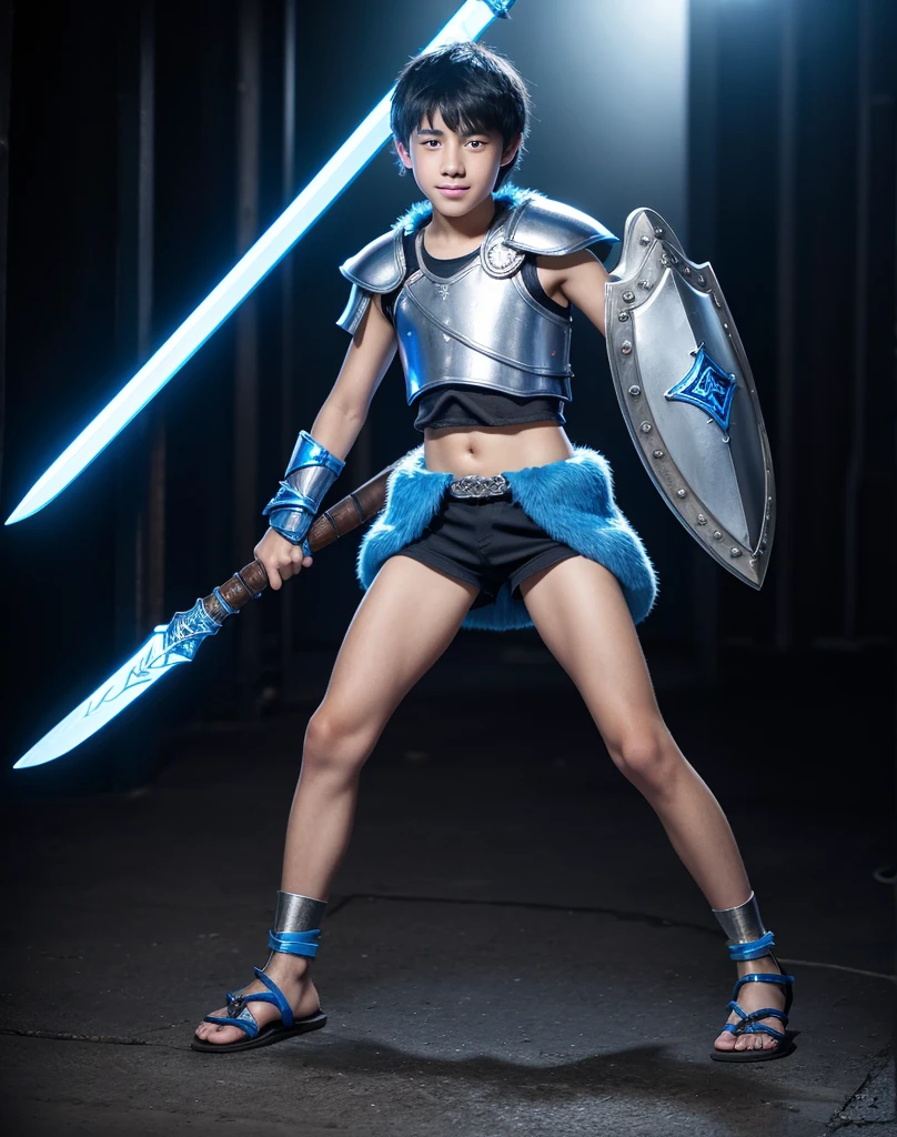 Young 13-year-old boy with black hair and brown eyes, innocent and happy, dressed in short neon-blue medieval barbarian clothes, fur shorts, light-blue battle armor, weilding silver sword and shield, sandals; fullbody; short hair, boyish athletic, sexy,
